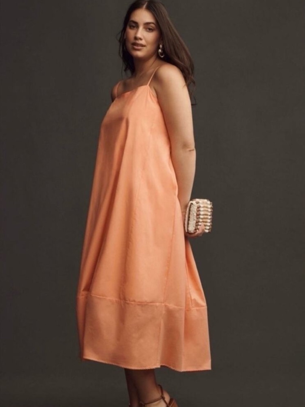 Anthropologie Self Contrast Bare Sleeveless Barrel Cotton Midi Dress Coral M - Picture 3 of 16
